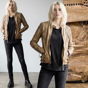 Women’s Leather Motorcycle Jacket Biker Studs Tan Zip Belt Collarless Western S